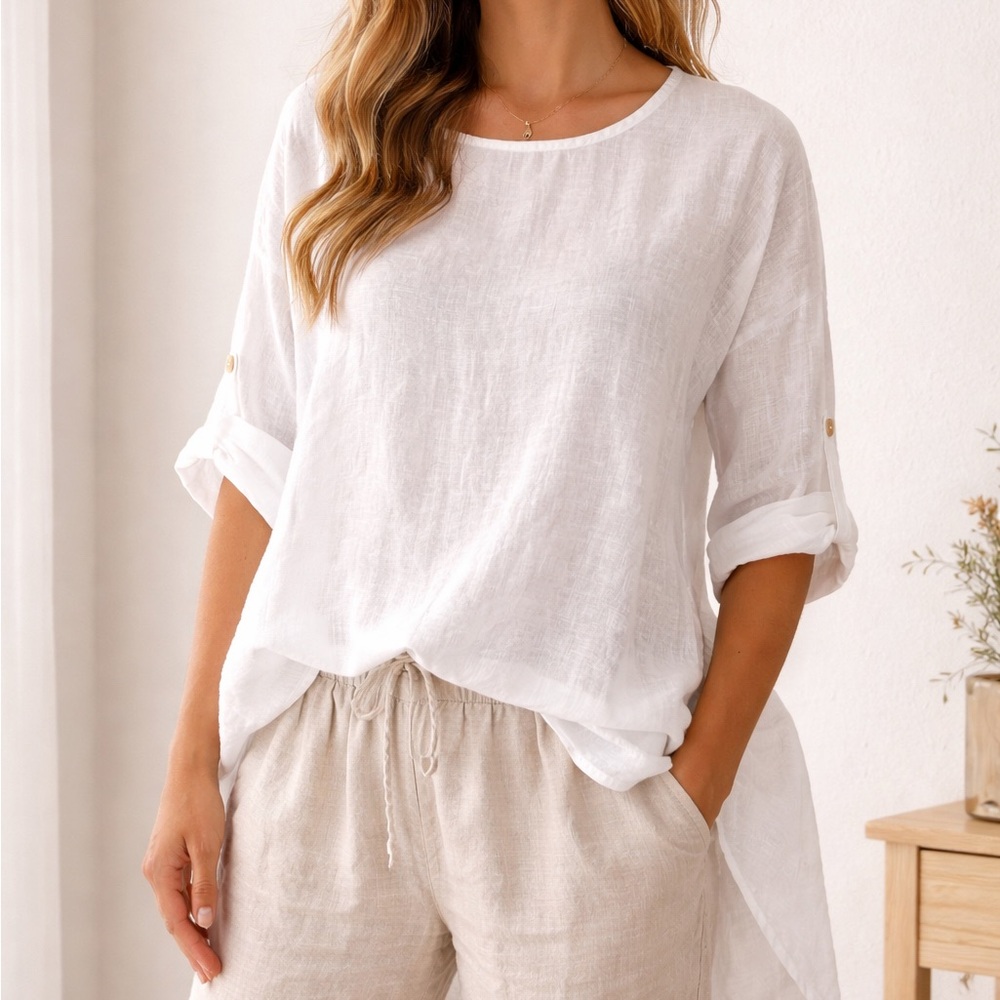 Terzo Millennio Linen Top Size M Made in Italy White High Low Oversized Blouse